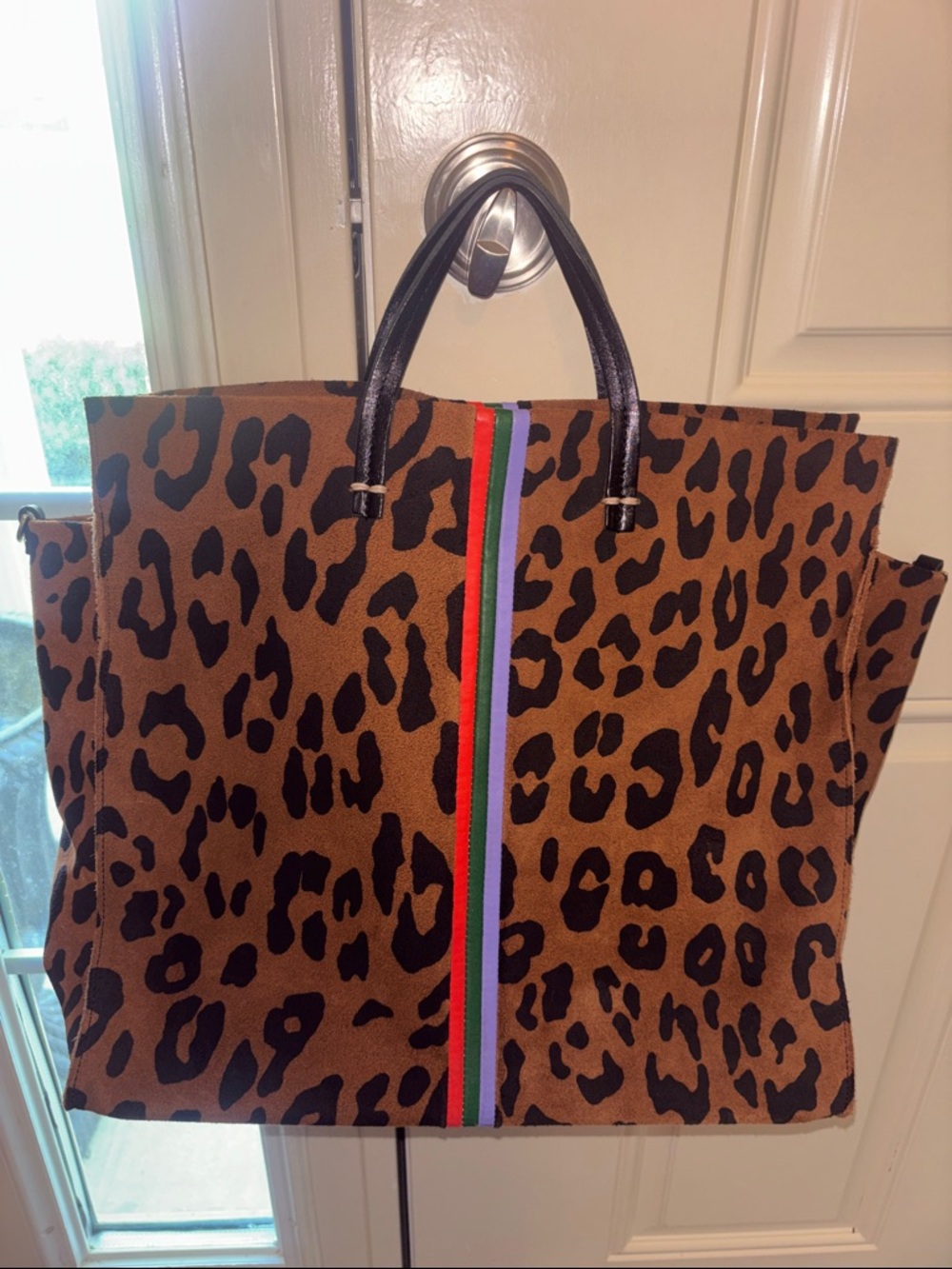 Clare V. Leopard Print Suede Tote Bag with Stripe Detail - Brown